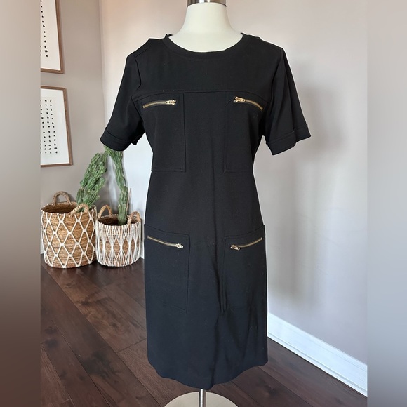J. Crew Pocket Midi Dress Sheath Gold Zipper Career Business Casual Black W's 14 - Picture 4 of 12